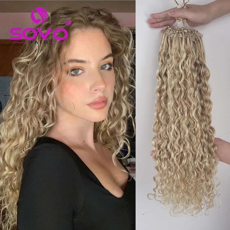 Extensions SOVO Micro Loop Human Hair Extensions Water Wave Natural Micro Beads Rings European Hair Highlight Balayage Blonde 50 Strands