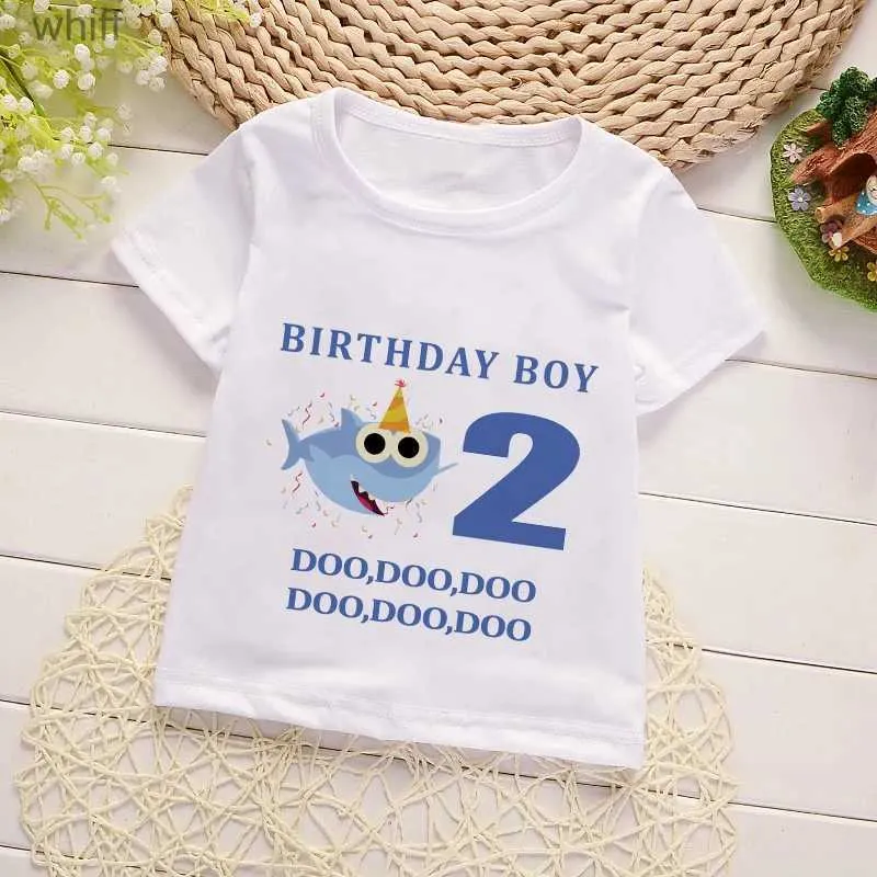 T-shirt New Girl Birthday Shark Cartoon T Shirt per ragazze Tshirt Numero 0-9 Graphic Abbigliamento per bambini Ragazzi Lettera Stampa Estate Maniche corteC24319