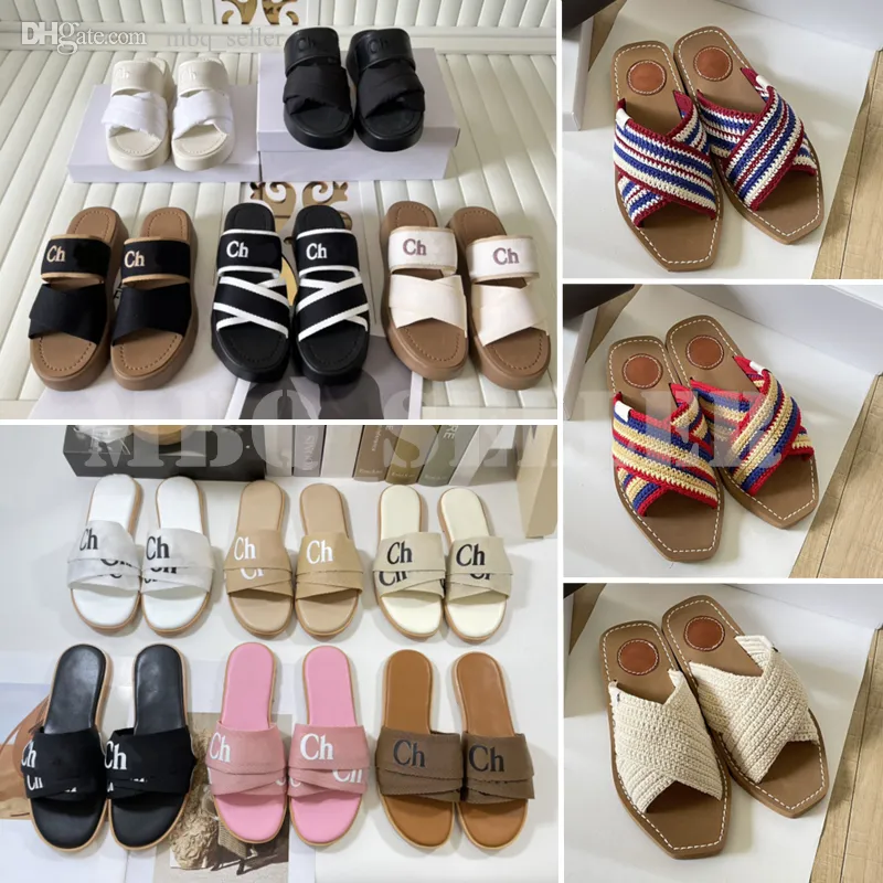 Nya designer tofflor skjutreglage sandaler woody mule platt glider lyxiga duk tofflor kvinnliga bokstavsskor avslappnad tjock botten netto röd sommar platt flip flops kvinnor