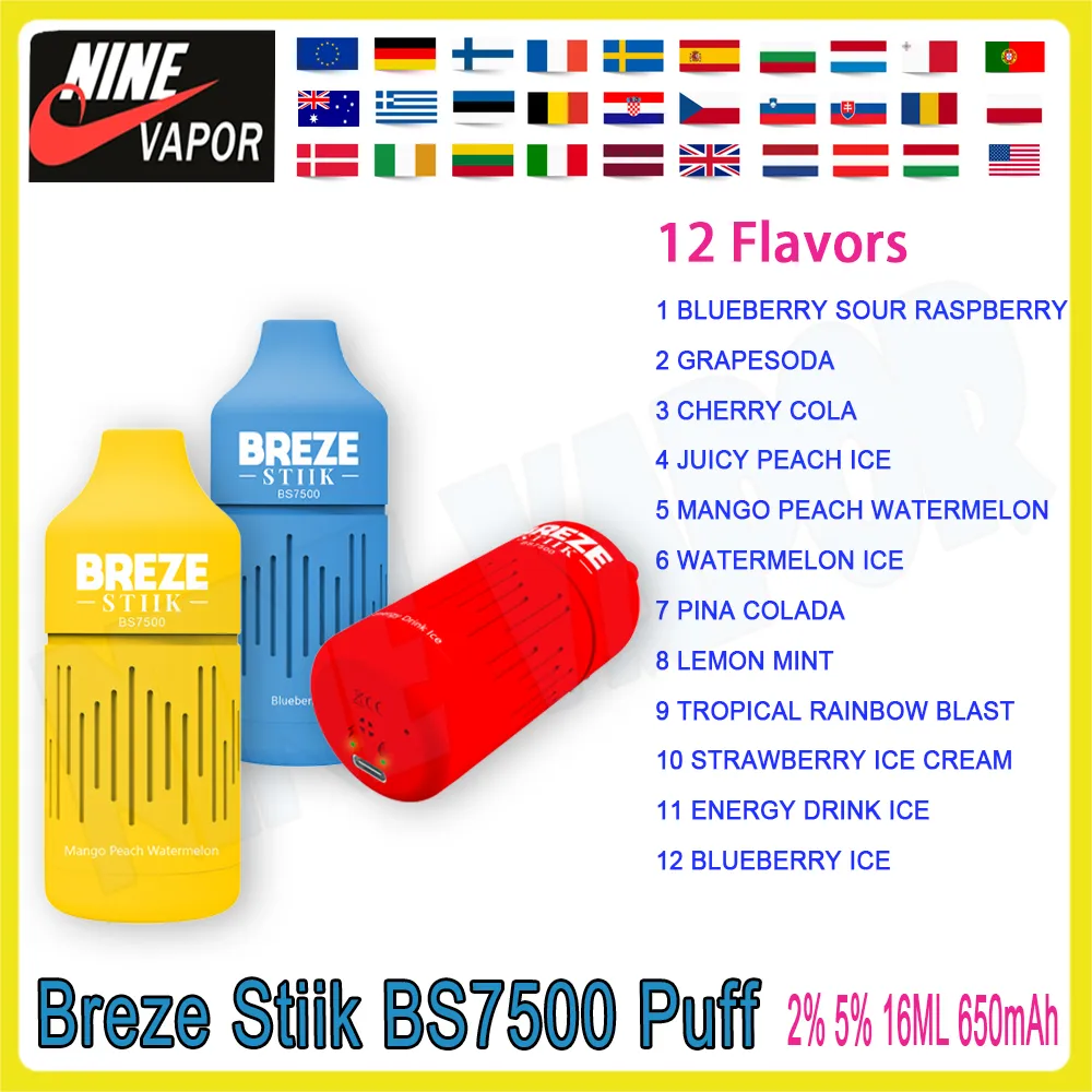 100% Original BREZE STIIK BS7500 Puff Disposable E Cigarette Vaper Bar 7500 Puff Battery Power 650mAh rechargeable16ml LED lights glow 12 Flavors Vapes