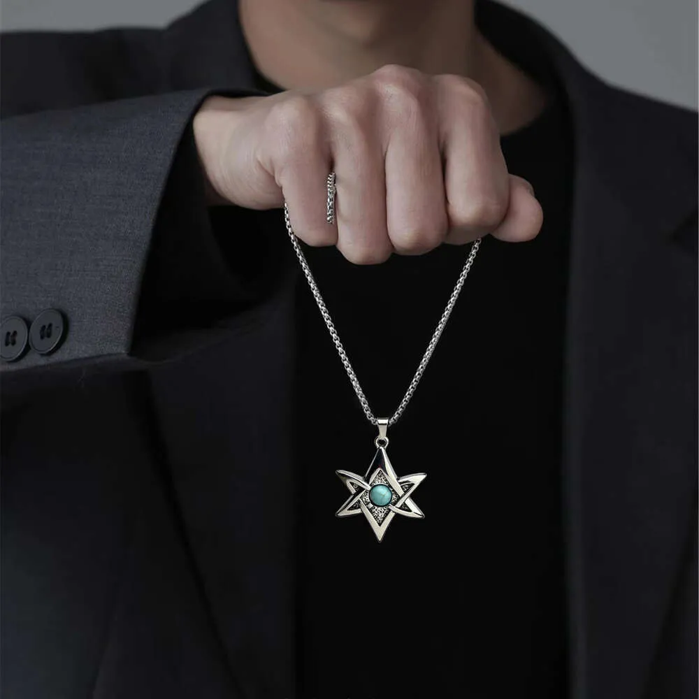 Ny Hip Hop Turquoise Six Star Fashion Instagram Personlig Titanium Steel Pendant