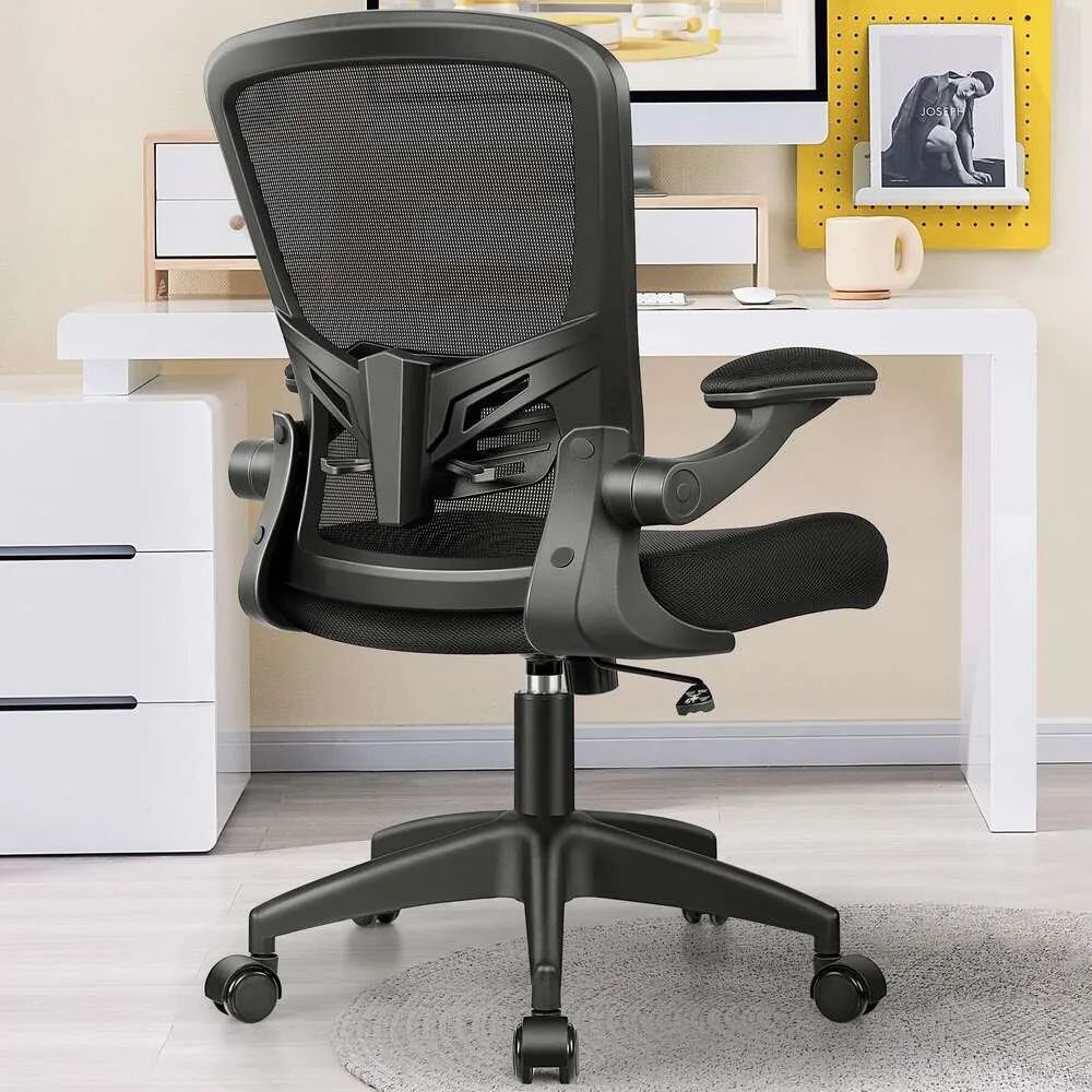 MINLOVE Chaise de bureau ergonomique, chaise d'ordinateur avec soutien lombaire pour bureau à domicile avec roulettes et bras rabattables, chaise de travail pivotante, hauteur réglable pour jeux à domicile