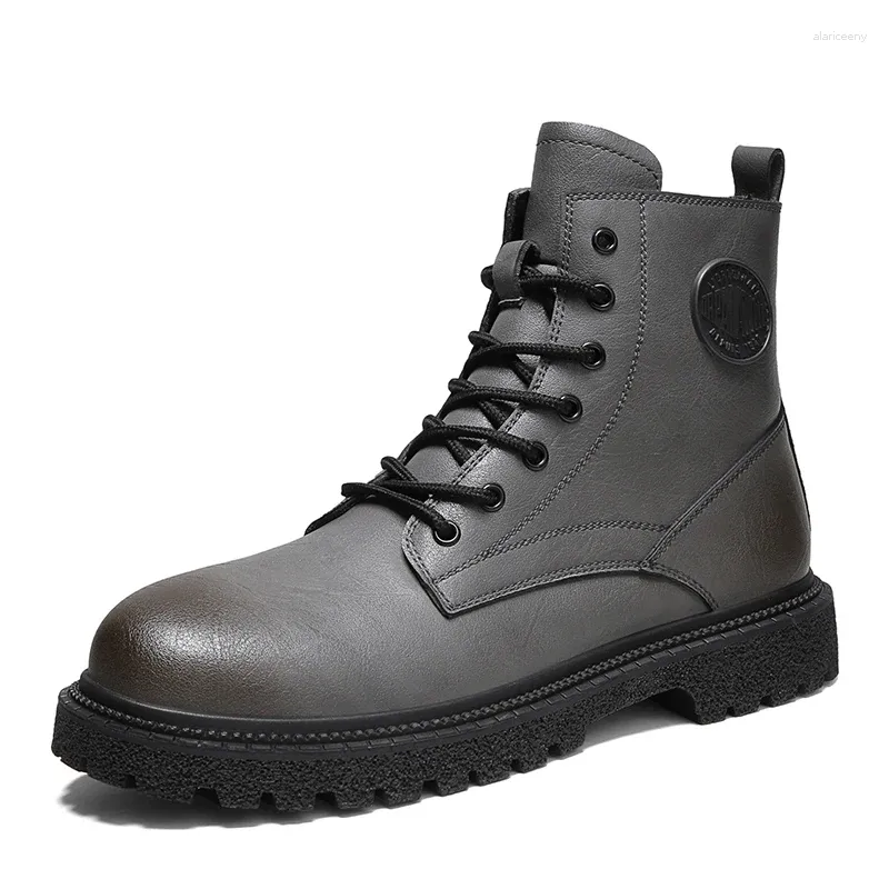 Botas Masculinas De Couro De Cano Alto Em Estilo Britânico Maré Cinza E Veludo Casual Inverno