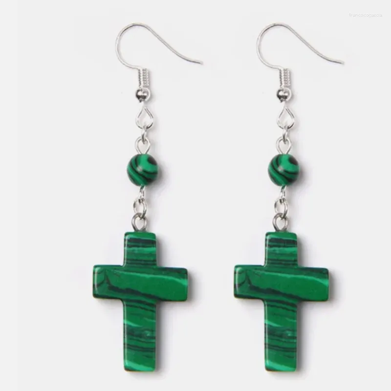 Dangle Earrings Silver Plated Cross Shape Malachite Stone Drop With Small Beads Rose Pink Quartz Classic Jewelry