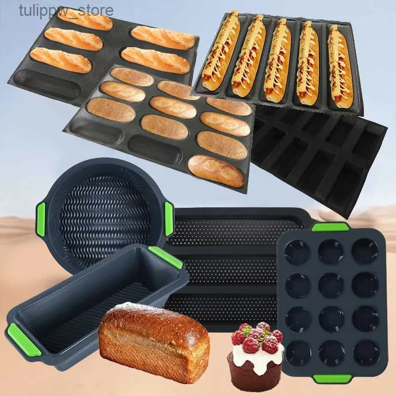 Moldes de cozimento Meibum Moldes de Pão Perfurado Silicone França Baguette Mold Fibra de Vidro Hot Dog Bun Baking Bandeja Antiaderente Cozinha Bakeware L240319