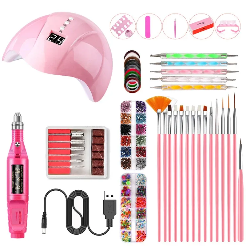 Vestidos conjunto de ferramentas para unhas com lâmpada led uv, secador elétrico, broca, kit de ferramentas de manicure para decoração de beleza de unhas, escova de pontos