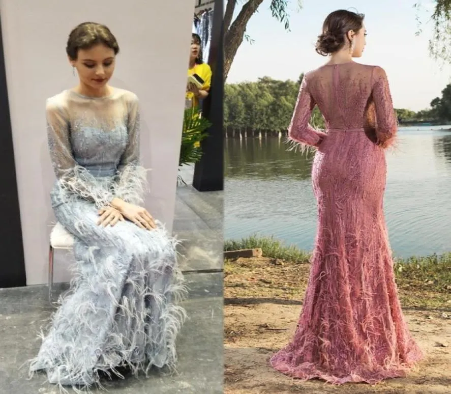 5479 långa ärmar fjäder sjöjungfrun prom klänningar vestidos de festa fest aftonklänning highend tillfälle s maxi klänning1526857