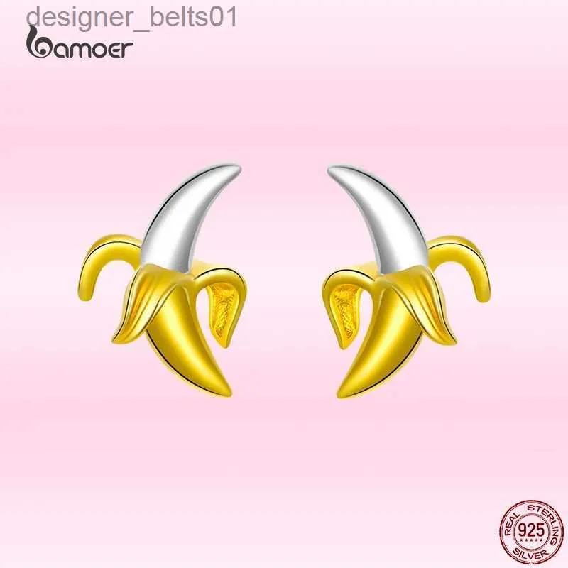 Stud Bamoer Moda Bonito Brincos de Banana para Menina Genuína 925 Sterling Silver Amarelo Fruit Ear Studs Lovly Valentines Day JewelryC24319