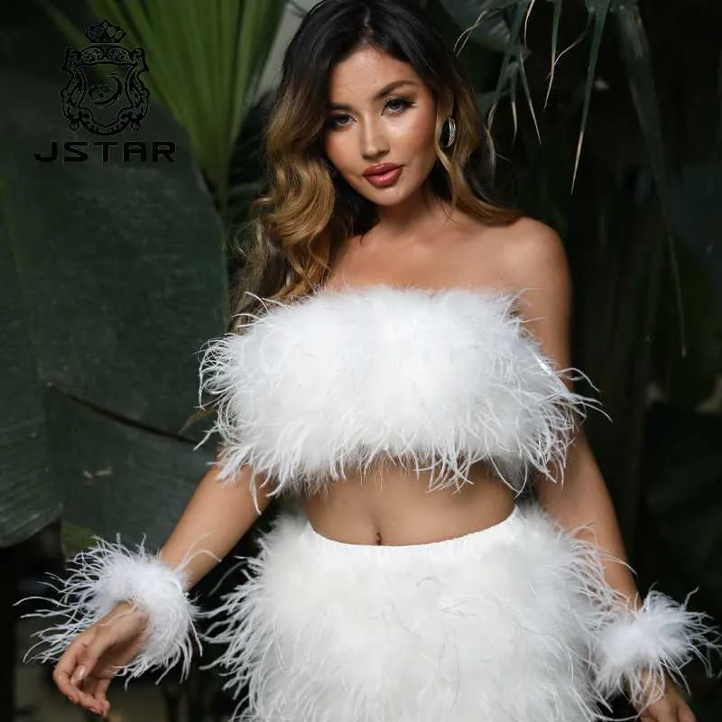 Ensemble jupe et haut court en plumes d'autruche, Sexy, pour femmes, Club, Bikini de plage, été