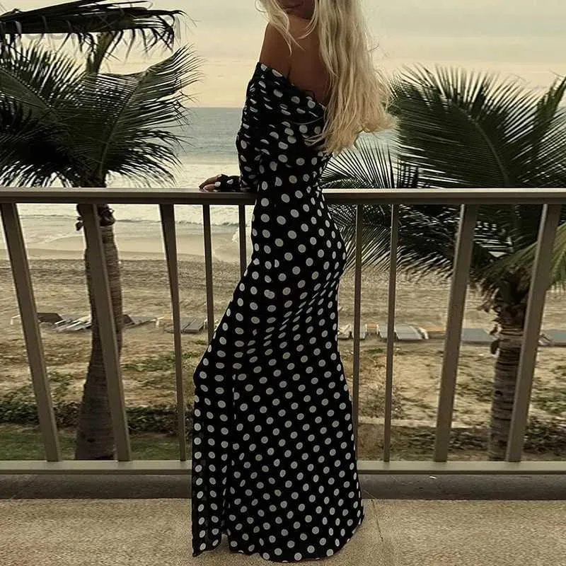 Casual Dresses Basic Sexy Slash Mesh Long Dress Sleeve Hight Waist Party Women Polka Dot Printed Beach 240319