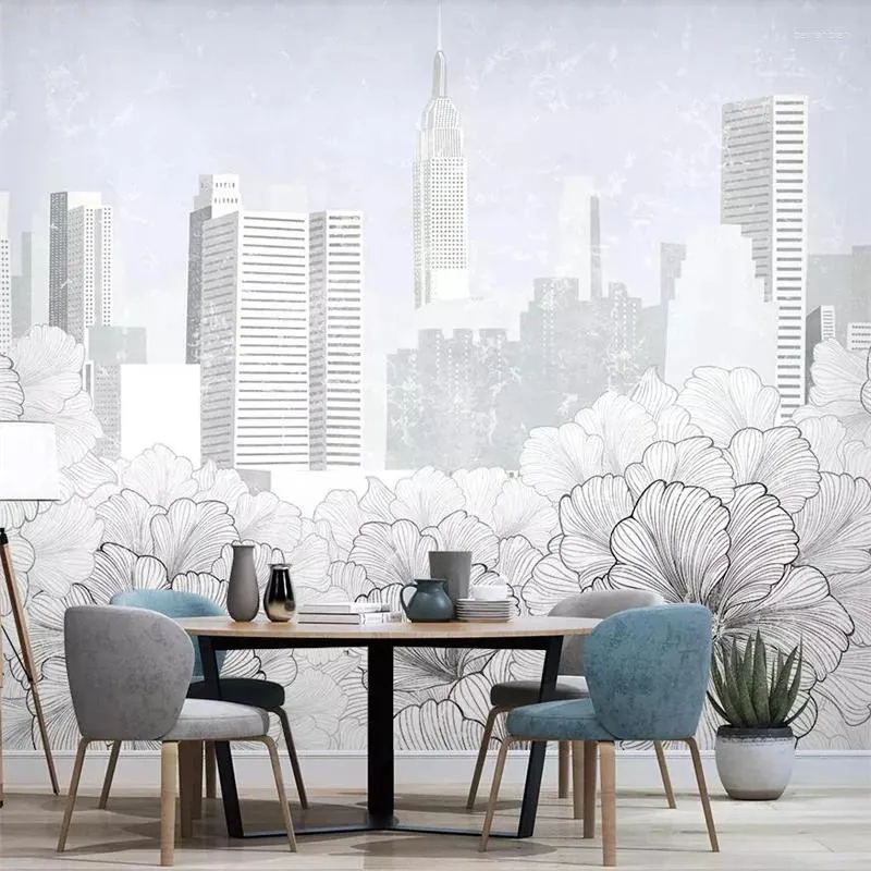 Tapeten Benutzerdefinierte moderne minimalistische Strichzeichnung Blume Stadt Architektur TV Hintergrund Malerei großes Wandbild grüne selbstklebende Tapete