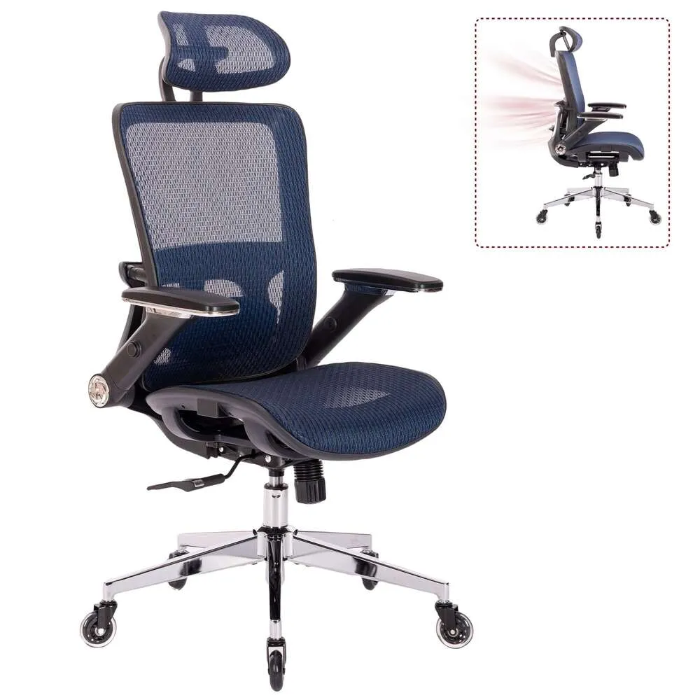 Ergonomiczne krzesło z siatki Sanodesk, duże wysokie biuro domowe, krzesło komputerowe z głównym ramionami, 4D i regulowane wsparcie lędźwiowe (niebieski)