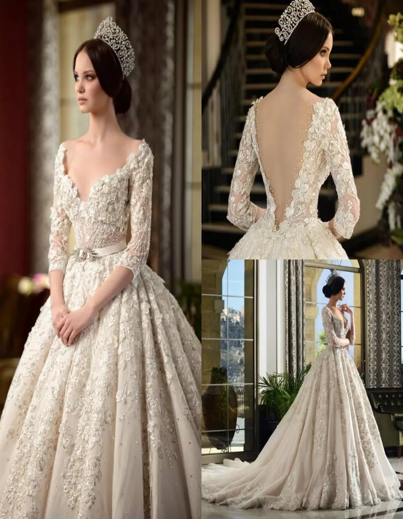 Rami Salamoun Luxury A Line Wedding Dresses V Neck Illusion Applices Half Sleeve Vintage Wedding Dress Backless Dubai Arabic Brid3733055
