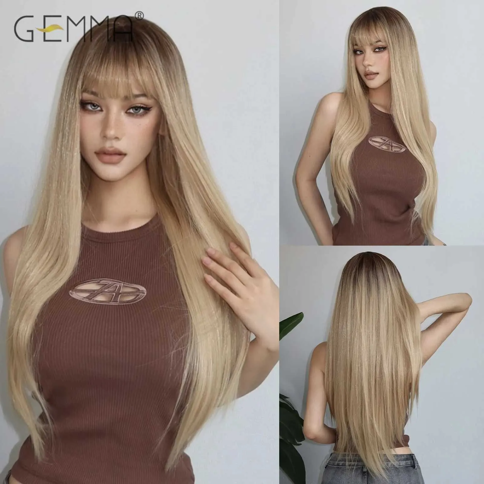 Syntetyczne peruki lekkie blond ombre syntetyczna peruka z grzywką dla kobiet Blondynka długa prosta cosplay codziennie używać peruki, odporne na ciepło naturalne włosy 240328 240327