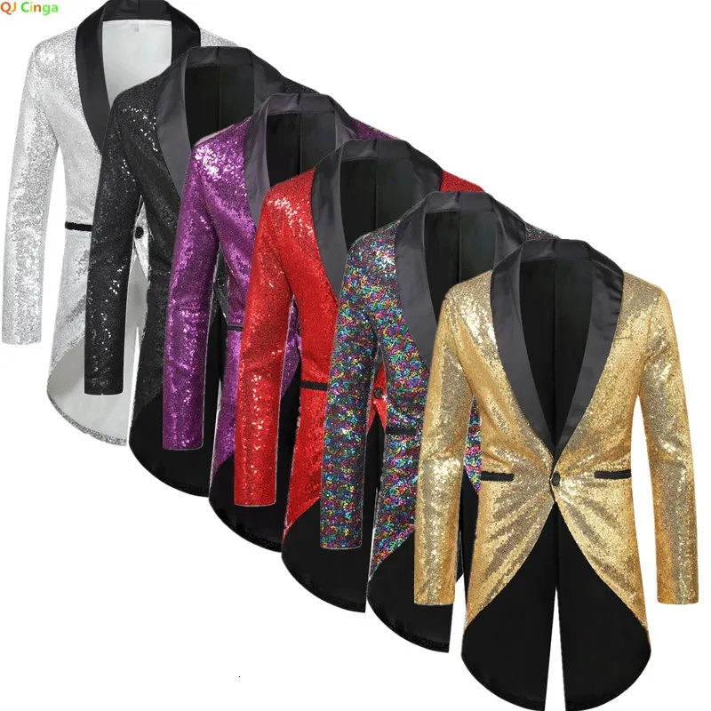 Gold Sequin Suit Jacket Mens Performance/Party Dress Coats Red Silver Male Blazers Purple White Black Collar Tuxedo 240304