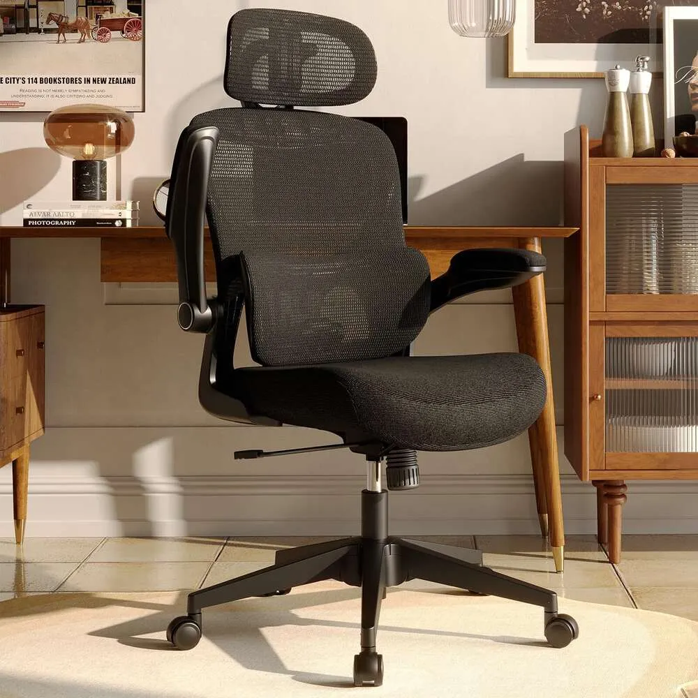 Cadeira de escritório de malha ergonômica SUNNOW, cadeira de mesa com encosto alto com suporte lombar ajustável, braço rebatível, apoio de cabeça, roda giratória, grande e alta confortável
