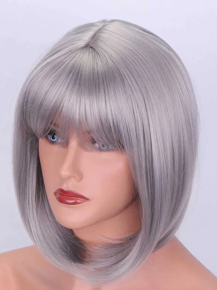 Syntetiska peruker spetsar peruker 12 tum naturligt kort hår bobo huvud silver grå kvinnor raka peruker dagliga fest 240328 240327
