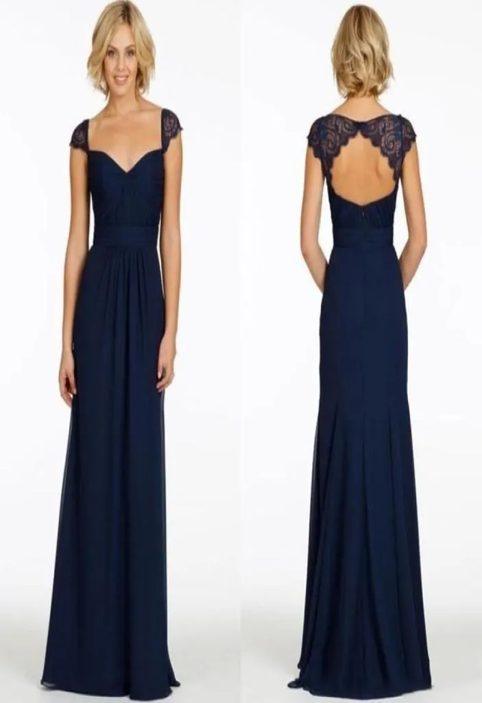 2020 Charming Dark Navy Bridesmaid Dresses Chiffon Sweetheart Cap Sleeve Backless Vintage Cheap Evening Dress Long Party Prom Gown9937956