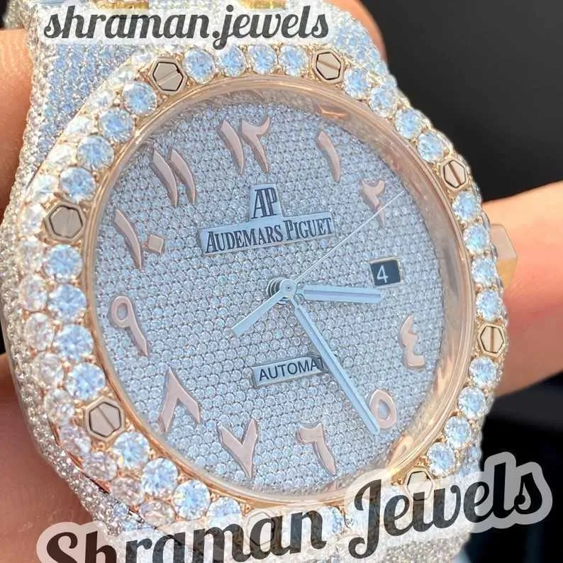 Iced Out zweifarbige Vvs-Moissanit-Diamant-Armbanduhr mit arabischer Zahl, automatisches Uhrwerk, Edelstahlgehäuse, Hip-Hop-Uhr für Herren