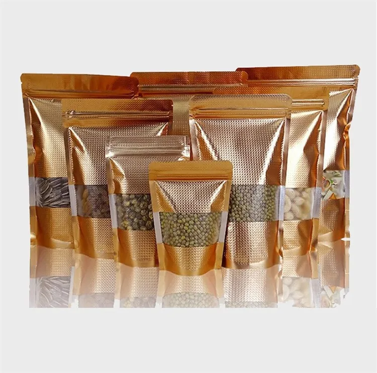 Wholesale Gold Stand Up Mylar Zipper lock Bags with Window Aluminum Foil Resealable Food Packing Pouch Seal Foil candy snacks packing bags LT848