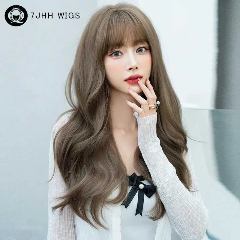 Synthetic Wigs 7JHH WIGS Light Brown Body Wavy Wigs with Bangs for Women Daily Use High Density Synthetic Loose Layered Fashion Wig Costume Wig 240329