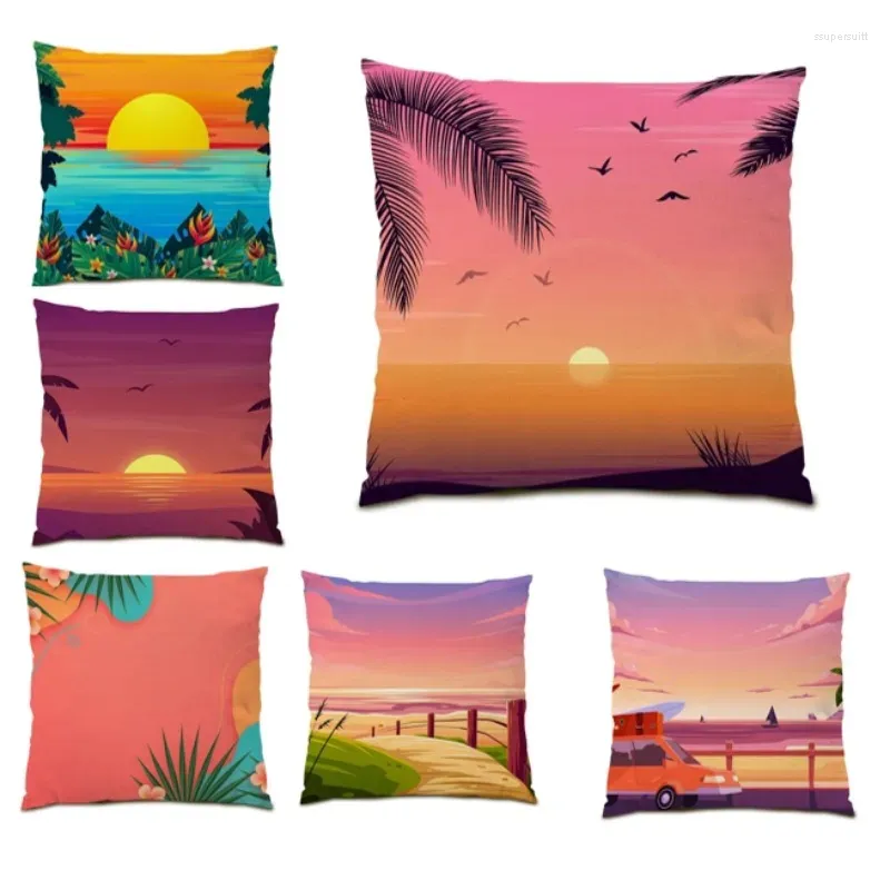 Kissenbezüge Tropical Palm Summer Home Decor Painting Cojines 45x45 Sunrise Landscape E0741