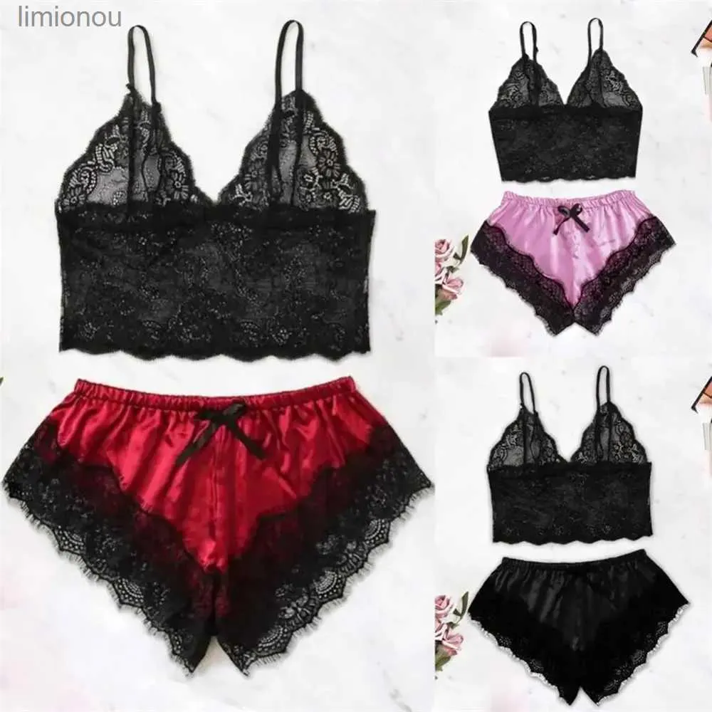 Mulheres sleepwear mulheres pijamas conjunto sexy cetim renda sleepwear lingerie senhoras elástico suspender shorts nightwear ternos sem mangas roupa interior topsc24319