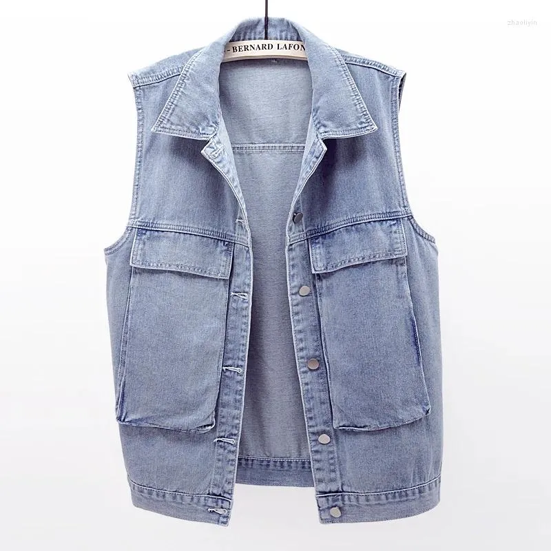 Kvinnors västar Autumn Vintage ljusblå denim Vest Women Waistcoat Loose Mid Long Cowboy ärmlös jacka Big Pocket Casual Jeans Kvinna