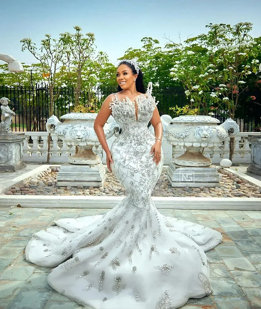 Luxury Mermaid Wedding Dress Diamond Pärled spets långärmad avtagbar tåg brudklänning vestidos de novia arabiska aso ebi