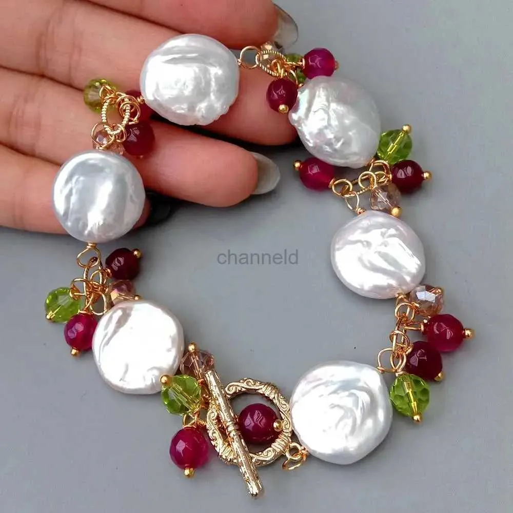 Bangle YYGEM Handmade Natural Cultivated White Coins Freshwater Pearl Fuchsia Crystal Agate Wrap Jewelry Bracelet For Women Gift 240319