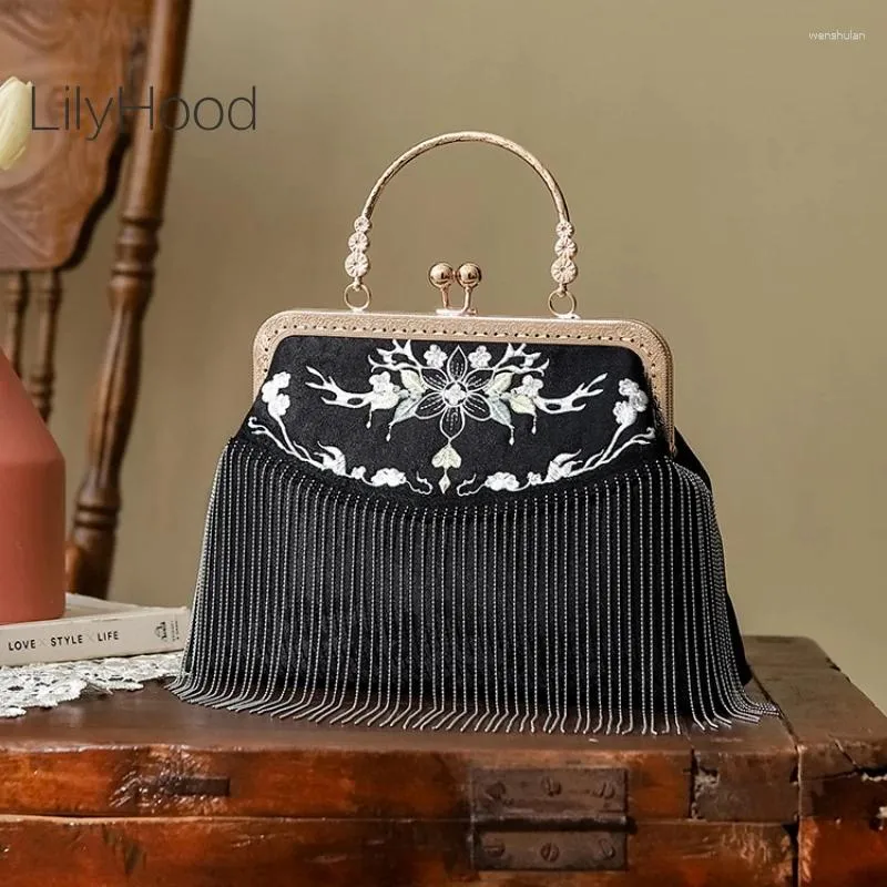 Borse da sera Retro Chic Frange con ricamo floreale Kisslock Borsa nera di medie dimensioni Borsa laterale vintage edoardiana elegante da ballo di fine anno