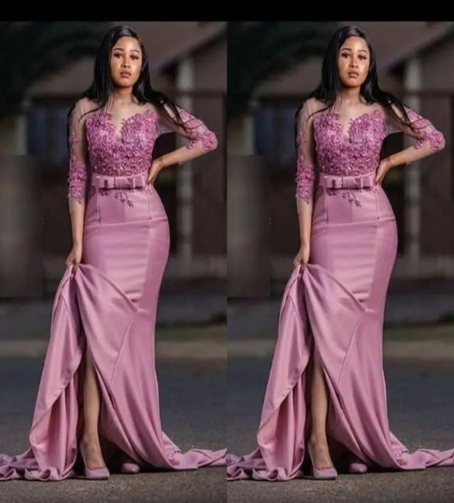 Dusty Rose Fashion Saudi Arabic Mermaid Evening Mother of the Bride Dress Satin Applique 34 ärmar Party Prom Pageant Dresses PL3626460