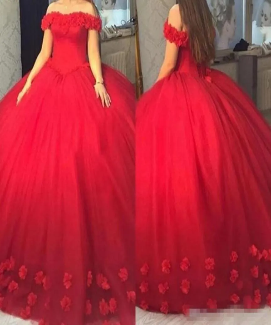 Röd bollklänning quinceanera klänningar 3d blommig applikation handgjorda blommor sexiga från axelanpassade prom klänningar pageant formell w9614280