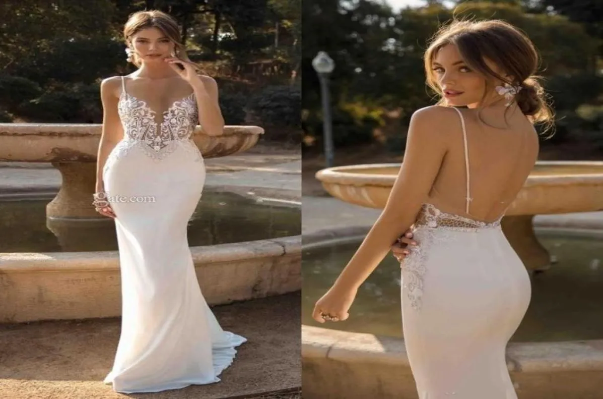 Sexy Spaghetti Open Back Mermaid Bohemian Wedding Dresses Elegant Lace Appliqued Beach Boho Plus Size Bridal Gown BC13452068599