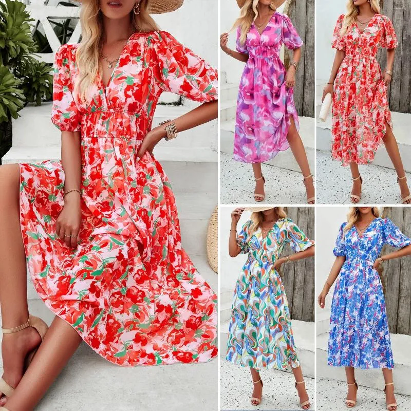 Casual Dresses Women's V Neck Short Sleeved Floral Midi Dress Fashionable Lost Ink Long Beach For Women