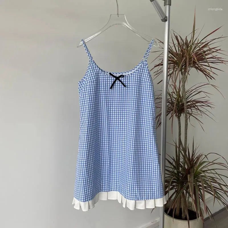 Casual Dresses Korean Fashion Brand Sweet Bow Blue White Plaid Suspender A-Line Dress Pleated Hem Design Loose Mini 2024 Autumn