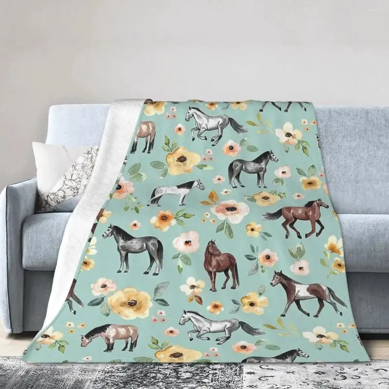 Filtar hästar med blommor soluppgång blommor blå hästdekor filt mjukt varmt kast sängöverdrag för säng picknick resor hem soffa