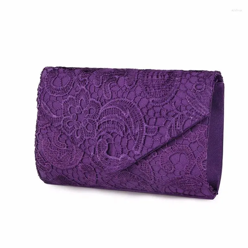 Totes Ladies Silk Evening Bag Vintage Elegant Purple Spets Flower Bridal Clutches for Women Party Handbag Prom Chain Shoulder Purse