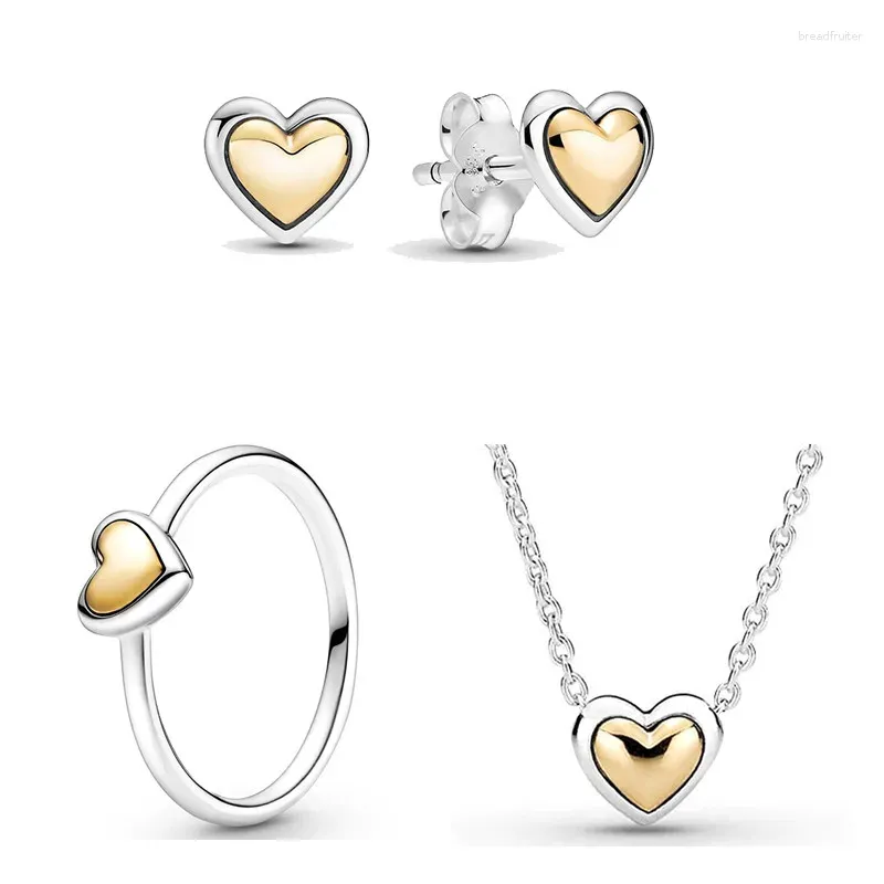 Anneaux de cluster Original 925 Sterling Silver Shine Dôme Golden Heart Collier Boucle d'oreille Bague pour femmes Europe Bijoux de mode