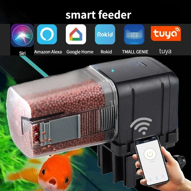 Automatischer Futterautomat für Aquarien, Timing/WLAN, kabelloser Smartphone-Sprachton, Fernbedienung, Fischfutterverteiler 240314