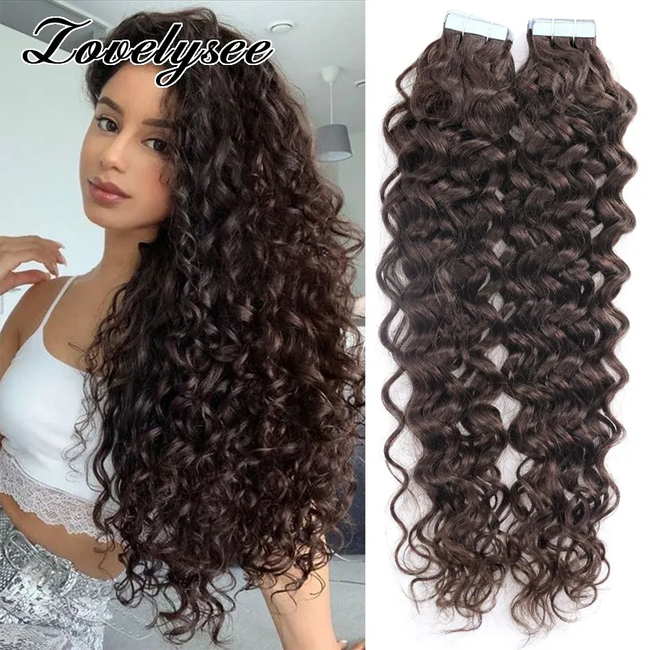 Extensions 2g/pcs Water Wave Tape in Human Hair Extensions Adhesive Invisible Brazilian Keratin Natural Brown Real Human Hair for Women