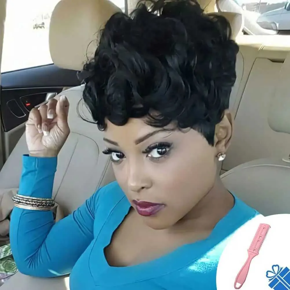Synthetic Wigs Cosplay Wigs Short Pixie Wigs for Black Women Short Black Curly Pixie Wigs Synthetic Hair Wigs for Black Women Natural Wavy Black Pixie Cut 240327