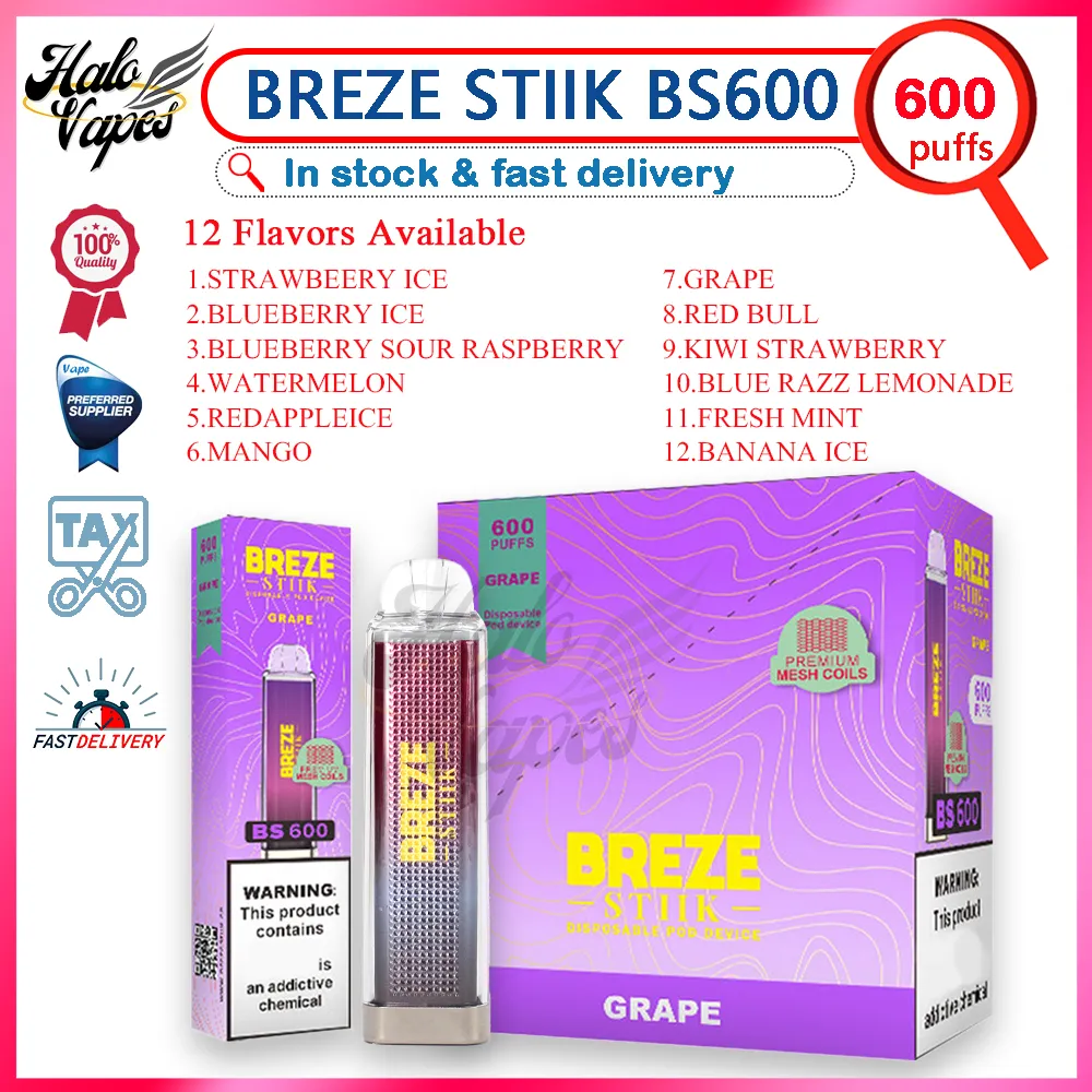 Original Breze Stiik BS600 Puff Disposable E Cigarette Vaper Bar 500mAh Battery 2ml 600 Puff 12 Flavors