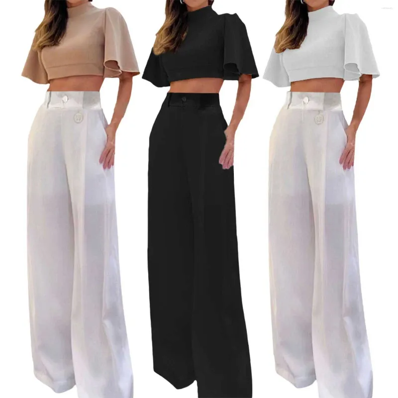 Dames Tweedelige Broek Mode Hoge Taille Wijde Pijpen Broek Pak 2024 Vrouwen Set Wit Zwart Drop Schouder Ruche Shirt Knop Outfits