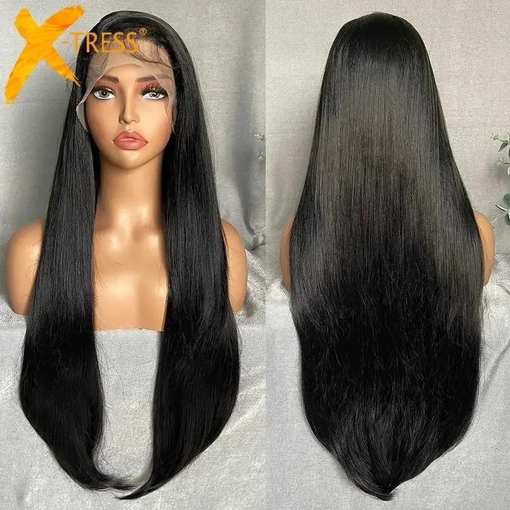 Perucas sintéticas X-TRESS Long Straight Layered Wigs 13X4 Lace Frontal Parte Livre Peruca de cabelo sintético com cabelo de bebê para mulheres 32 polegadas de cor preta 240328 240327