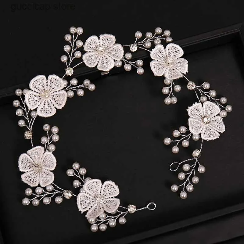 Diademi Nuovo stile accessori da sposa Fiori di pizzo coreano perle fascia per capelli intrecciata copricapo accessori abito da sposa bianco Y240319