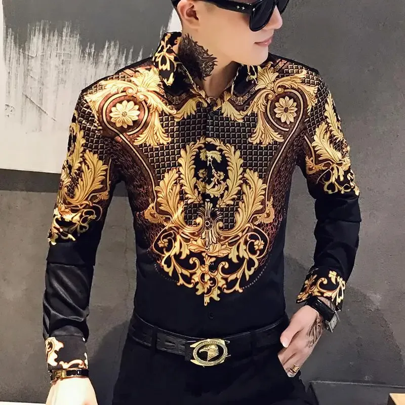 Luxury Paisley Black Gold Printed Shirt Mens Royal Club Clothing Korean Mens Long Sleeve Slim Long Sleeve Shirt Tuxedo Shirt 240319