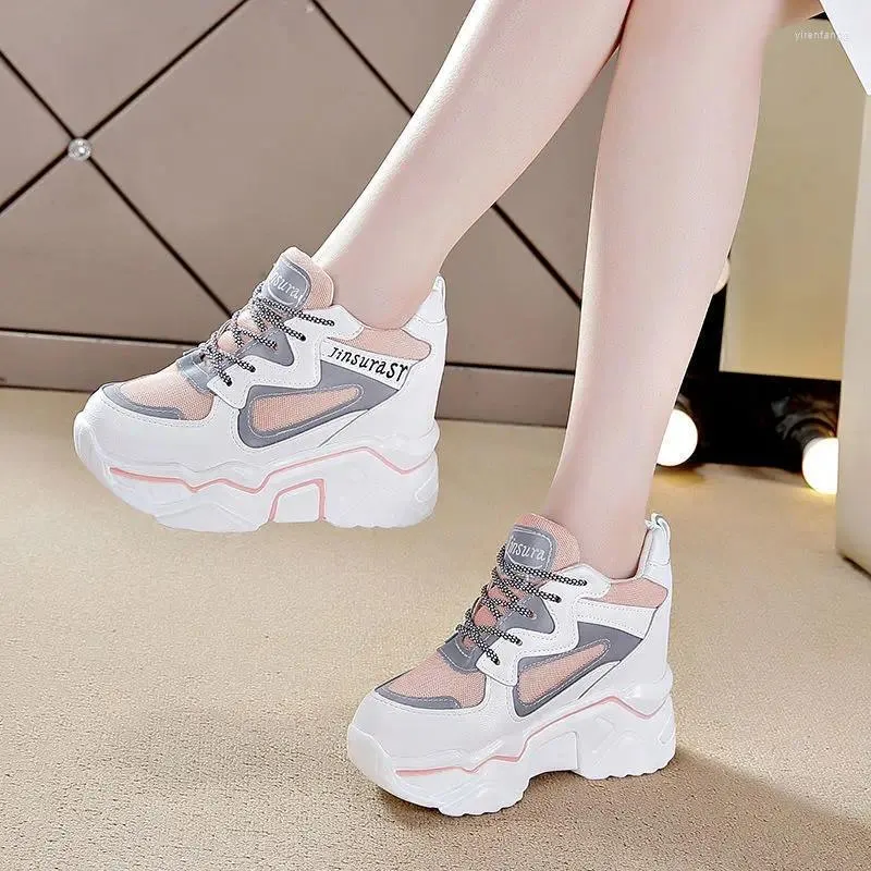 Sapatos casuais branco salto alto tênis feminino chunky cunha meninas rosa plataforma tenis formadores mulher sola grossa