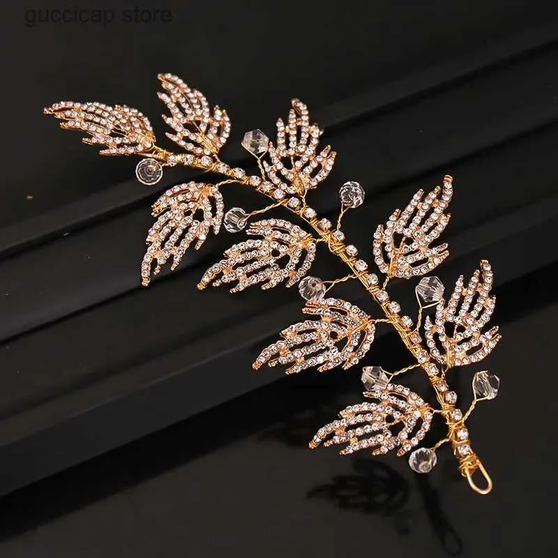 Tiaras Gold Rhinestone Leaf Hair Band Bride Headband Wedding Hair Accessories Luxury Crystal Headwear Jewelry Bridesmaid Headdress Y240319