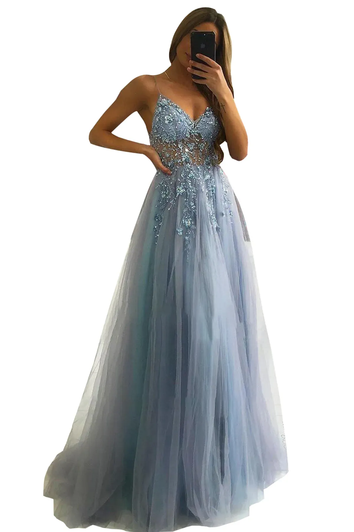 blue and grey prom dresses Gray Blue V Neck Tulle Sequin Long Prom Dress, Blue Formal Graduation Dresses US 2 / Custom Color main image 0